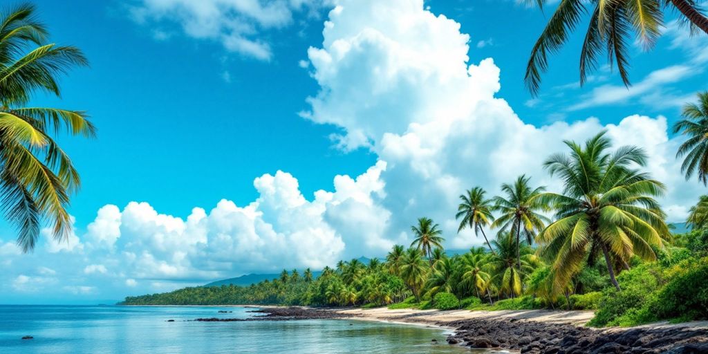 Liberian coastline with palm trees and clear blue skies.