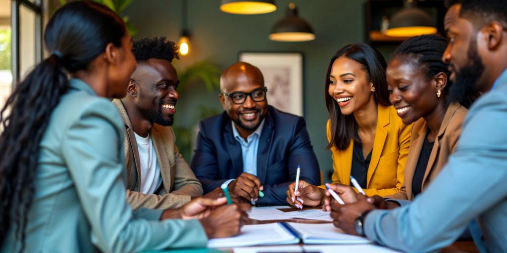 Diverse professionals collaborating in a modern office setting.
