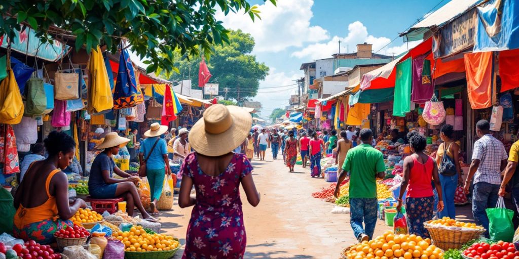 Vibrant Liberian marketplace bustling with vendors and goods.